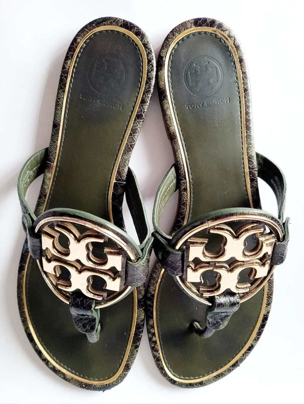 Tory Burch Miller Python Metal Medallion Thong Sandals Genuine Leather US 7